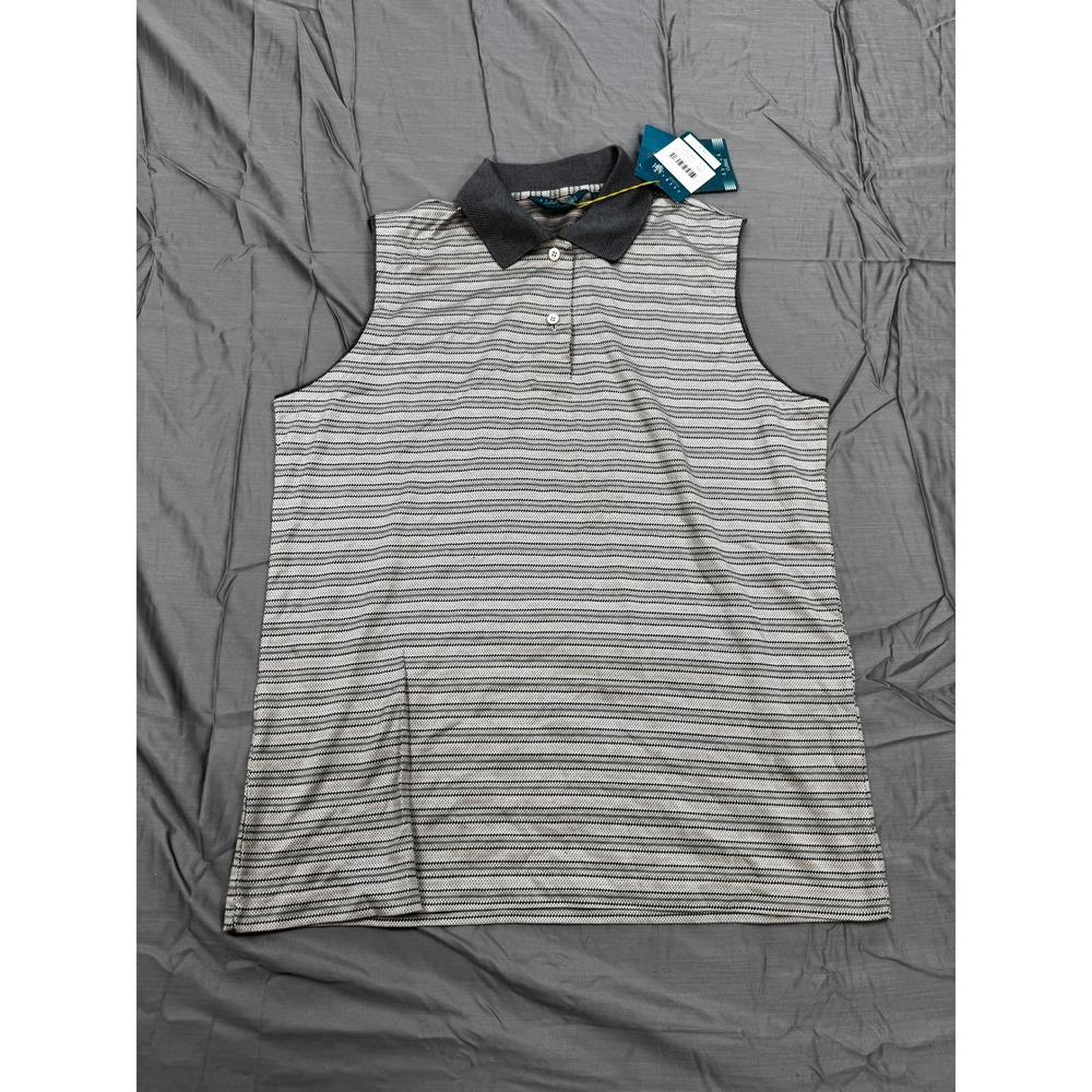 Astra Classic Womens Sleeveless Polo Shirt Grey Stripe Cotton Golf Top Large NWT
